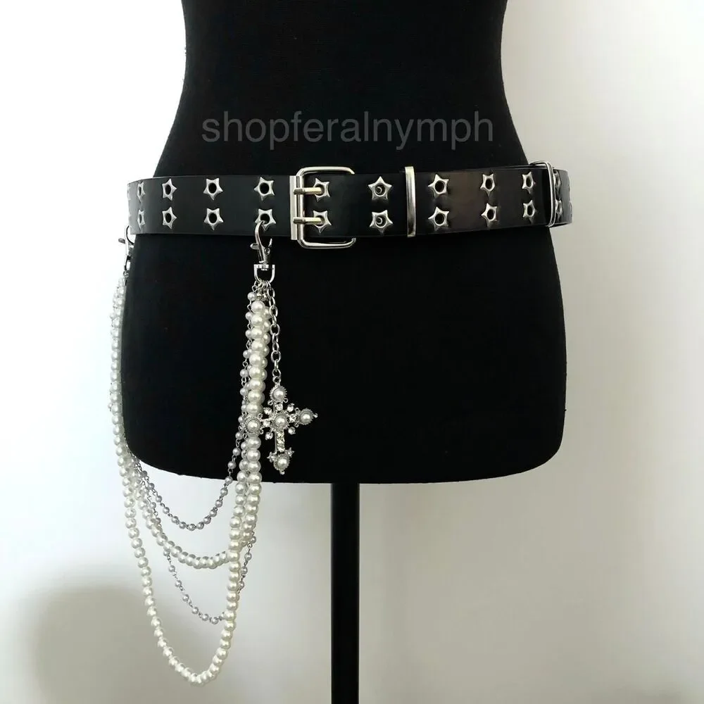 Y2K Goth Black Star Eyelet Faux Pearl Cross Belt, Fits 32–41 Inches, X7GA1227